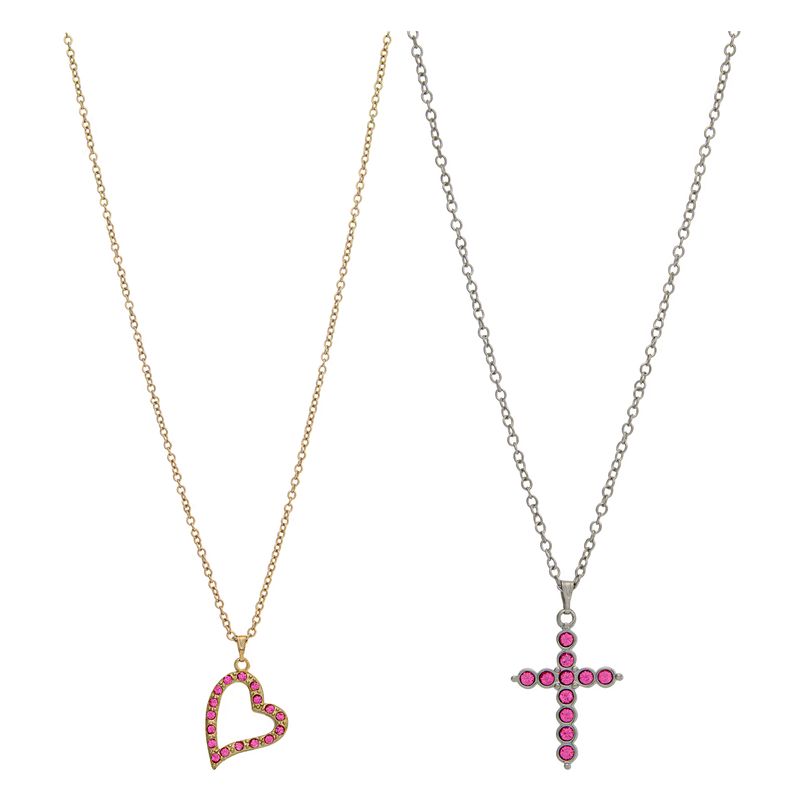 Tourmaline October Birthstone 2pc Pendant Necklace Set Gold Heart & Silver Cross